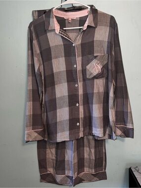 Victoria's Secret Gray & Light Pink Flannel Gingham Pajama Set S EUC